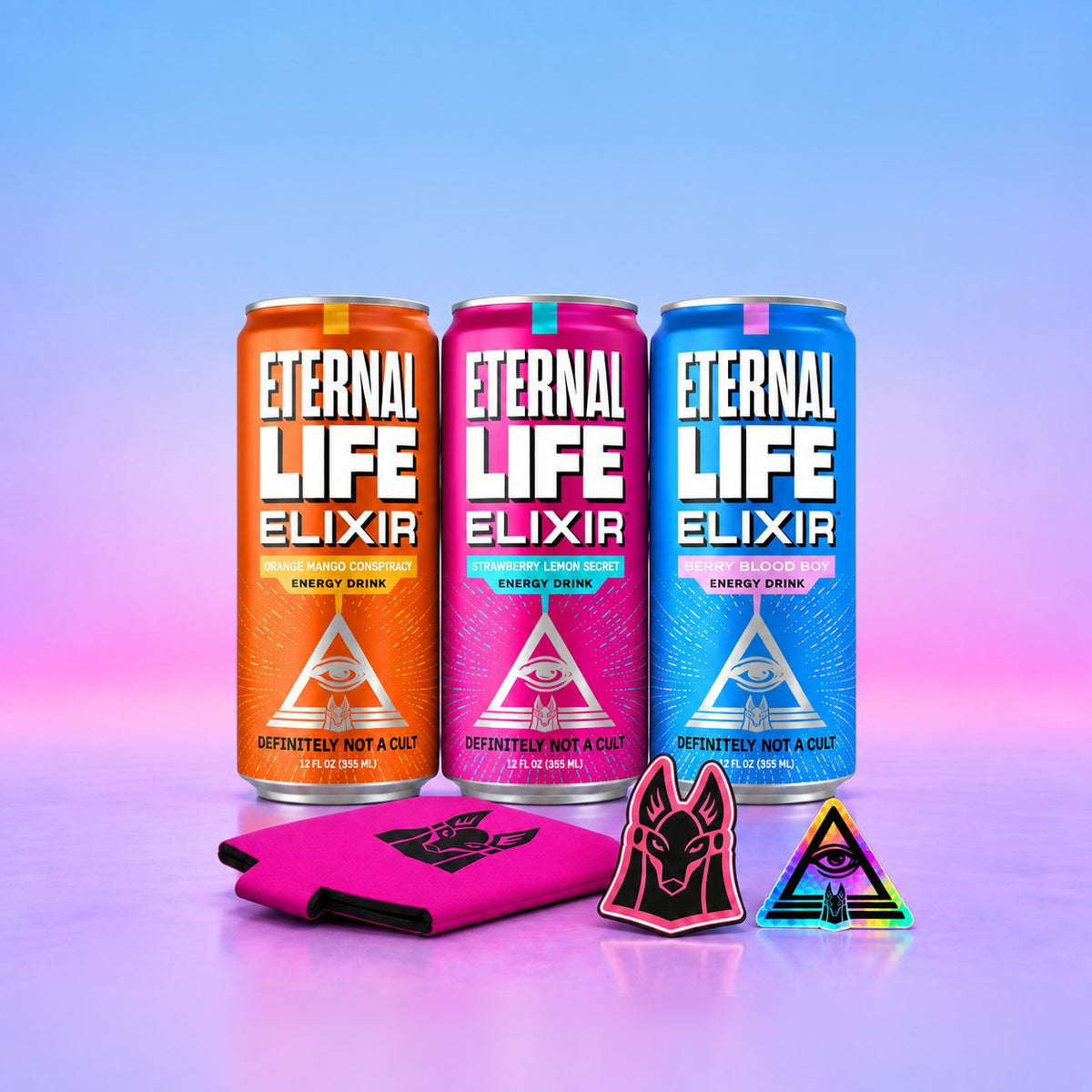 Initiation Kit: all three Eternal Life Elixir flavors with the Anubis koozy, Anubis magnet and holographic sticker